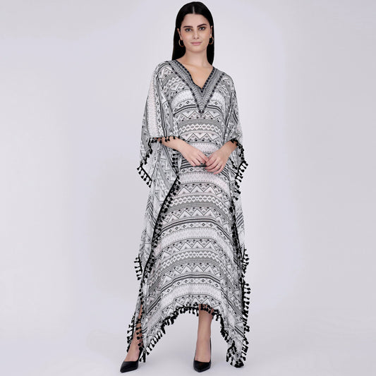 White and Grey Aztec Mid Length Kaftan