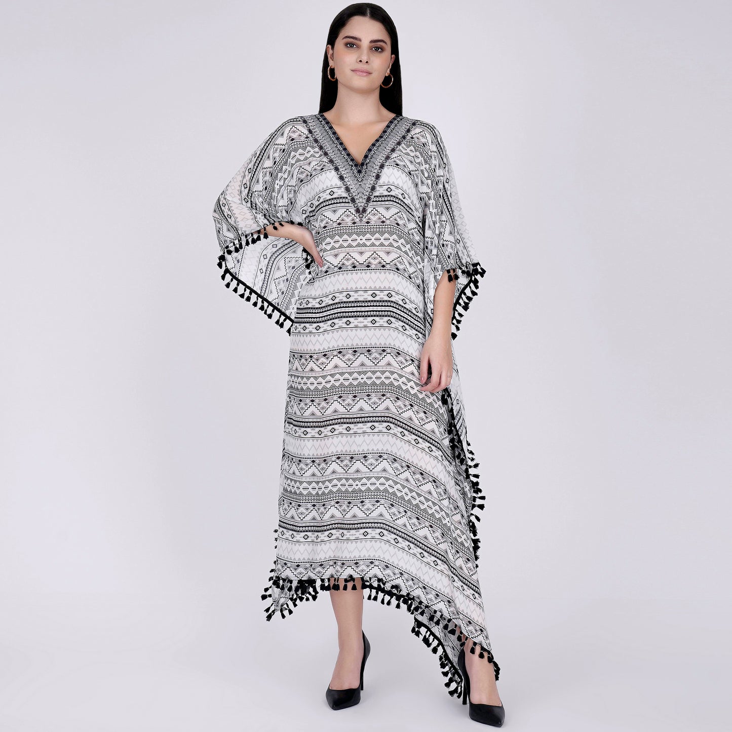 White and Grey Aztec Mid Length Kaftan