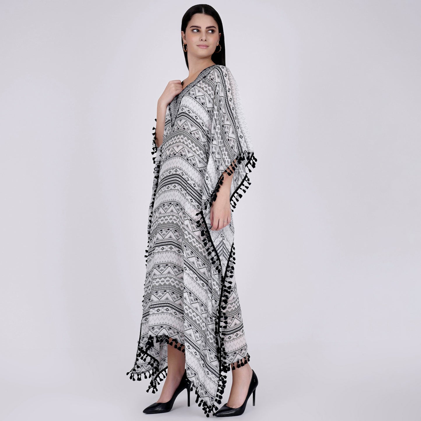 White and Grey Aztec Mid Length Kaftan