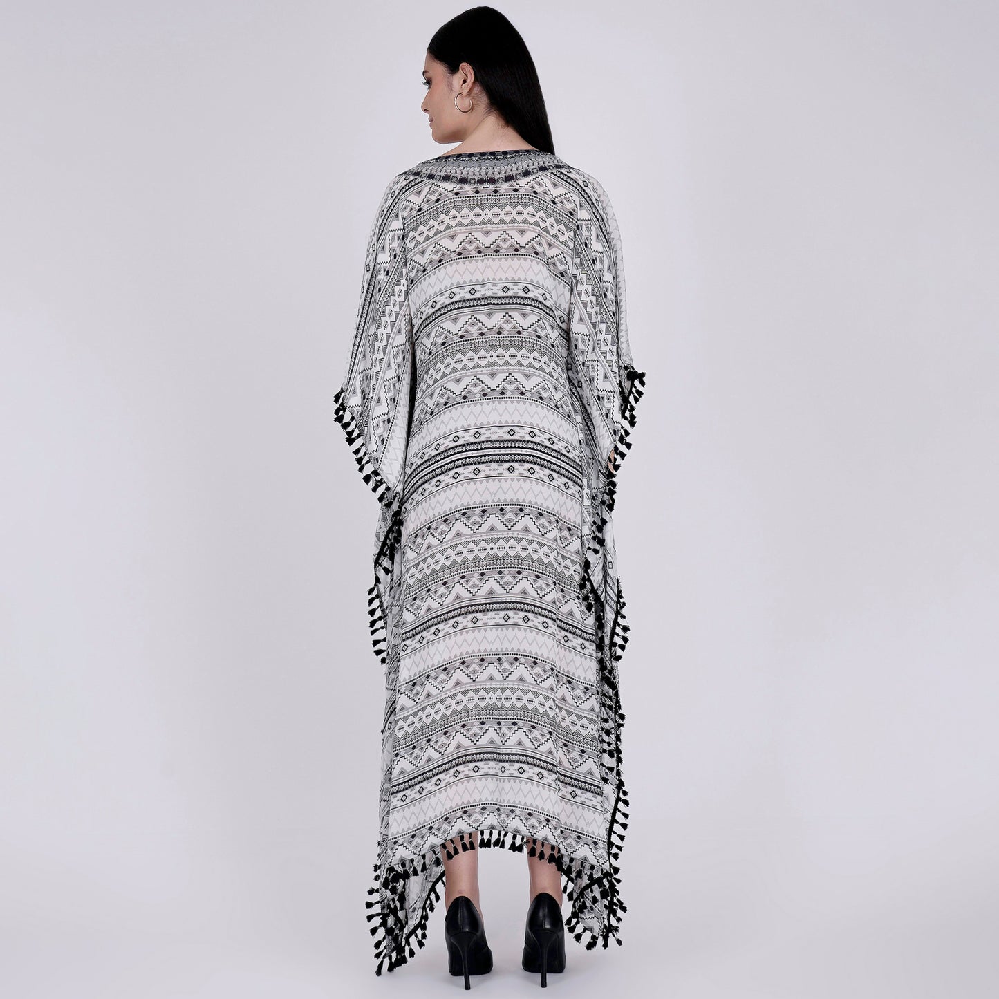 White and Grey Aztec Mid Length Kaftan