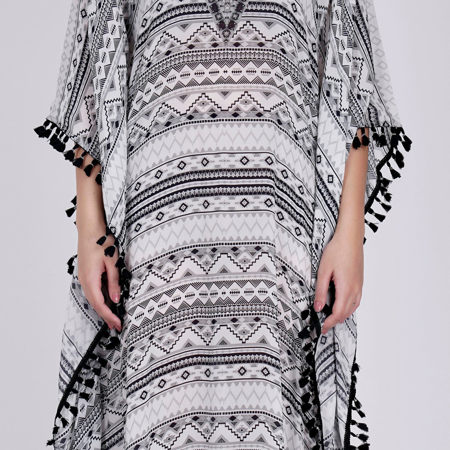 White and Grey Aztec Mid Length Kaftan