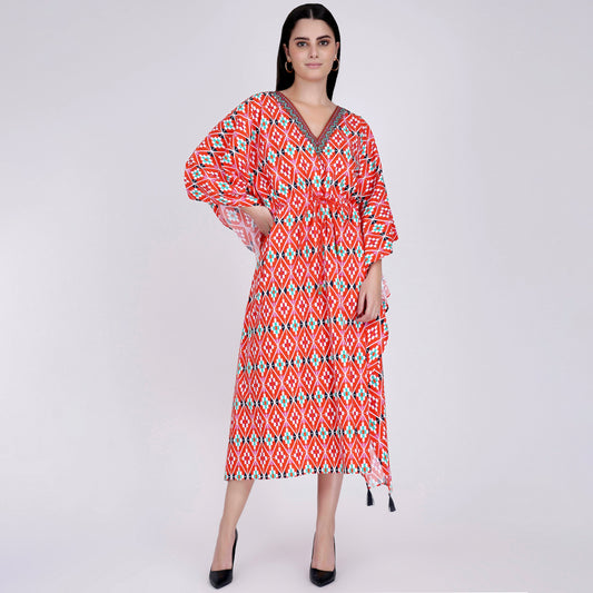 Bright Red Moroccan Print Mid Length Kaftan