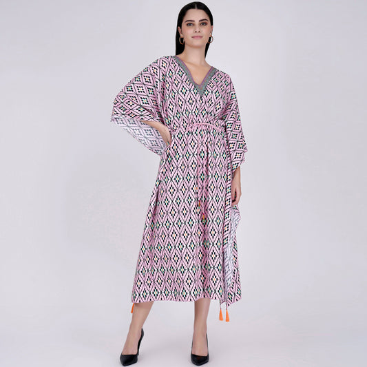 Candy Pink Moroccan Print Mid Length Kaftan