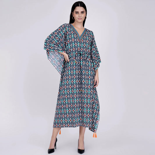 Charcoal Moroccan Print Mid Length Kaftan