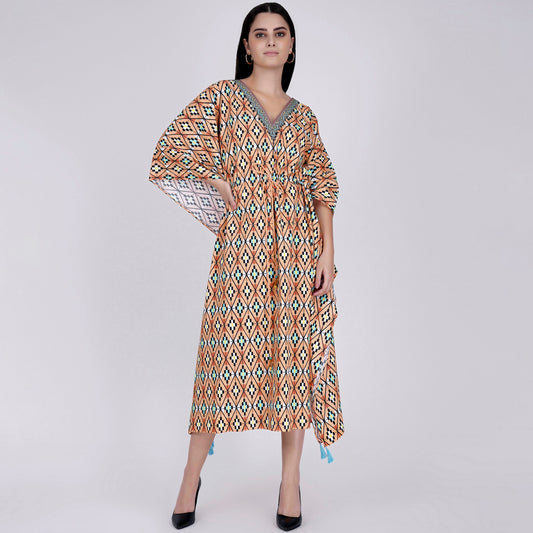 Melon Orange Moroccan Print Mid Length Kaftan