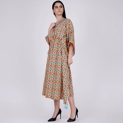 Melon Orange Moroccan Print Mid Length Kaftan