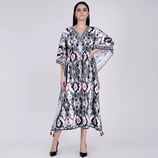 Black Ikat Print Mid Length Kaftan