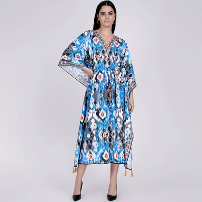 Blue Ikat Print Mid Length Kaftan