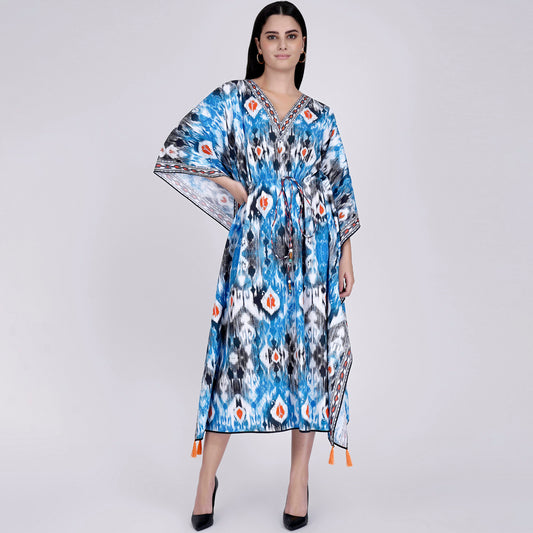 Blue Ikat Print Mid Length Kaftan