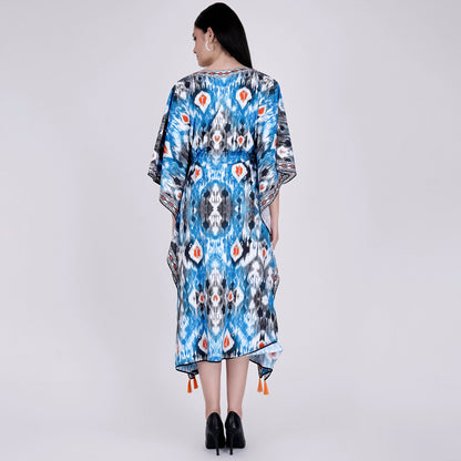 Blue Ikat Print Mid Length Kaftan
