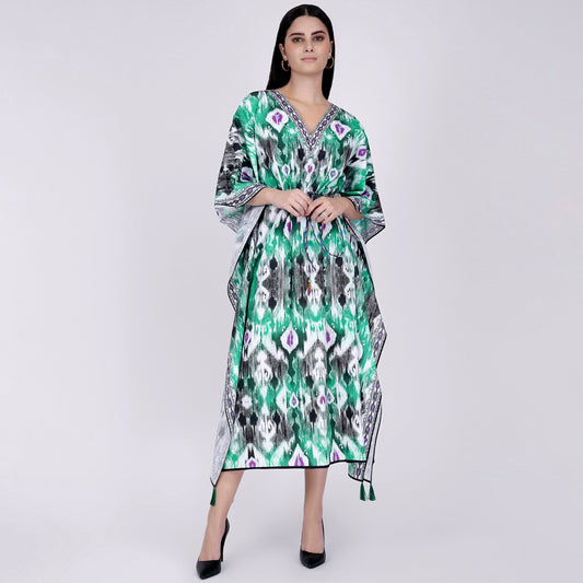 Green Ikat Print Mid Length Kaftan