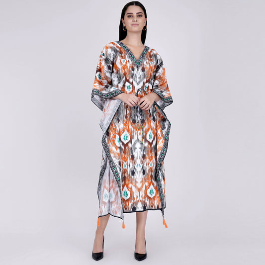 Orange Ikat Print Mid Length Kaftan