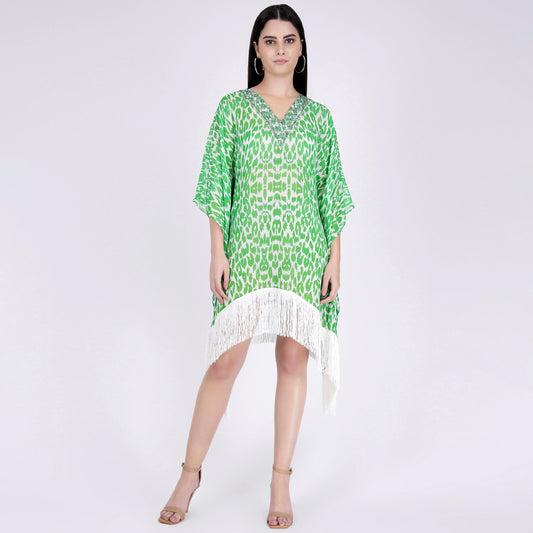 Green Embellished Animal Print Kaftan Top