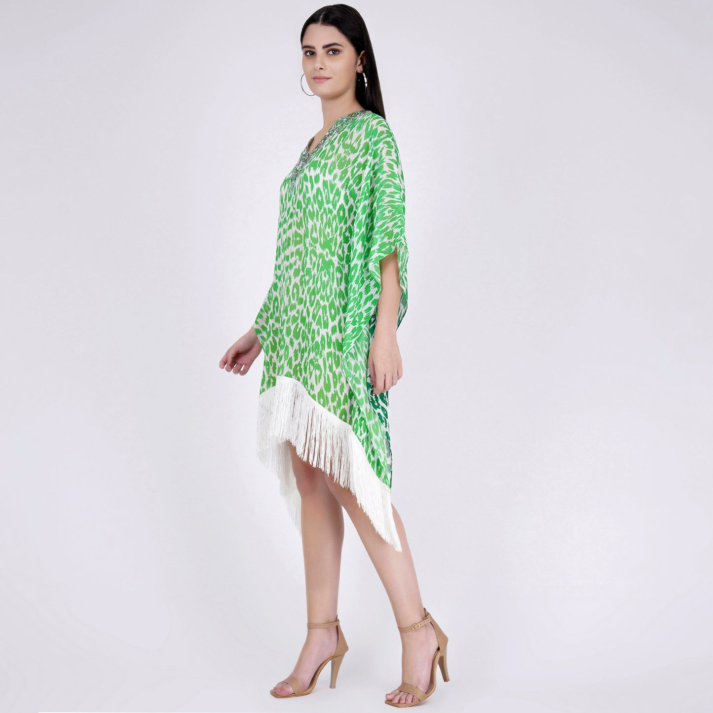 Green Embellished Animal Print Kaftan Top