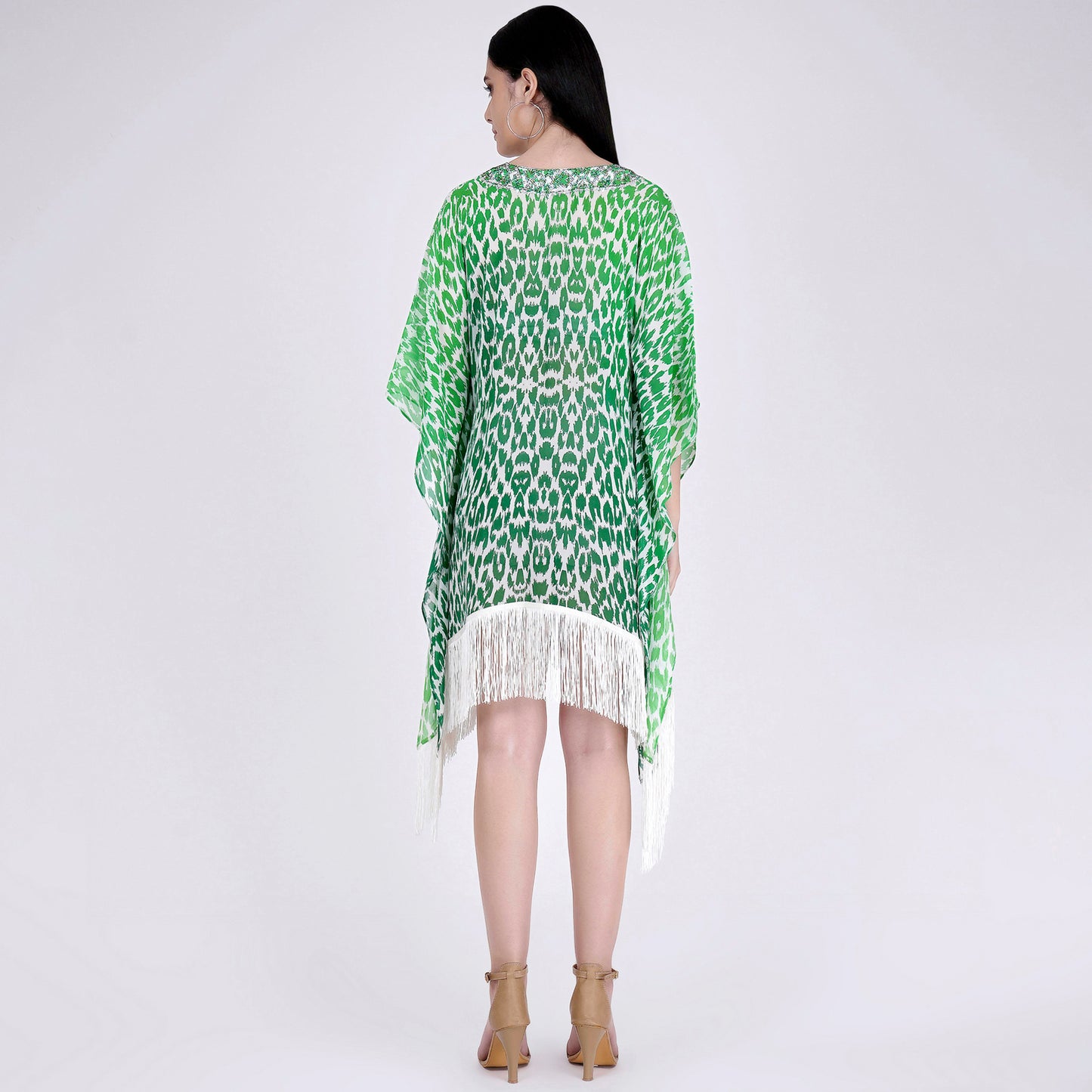 Green Embellished Animal Print Kaftan Top
