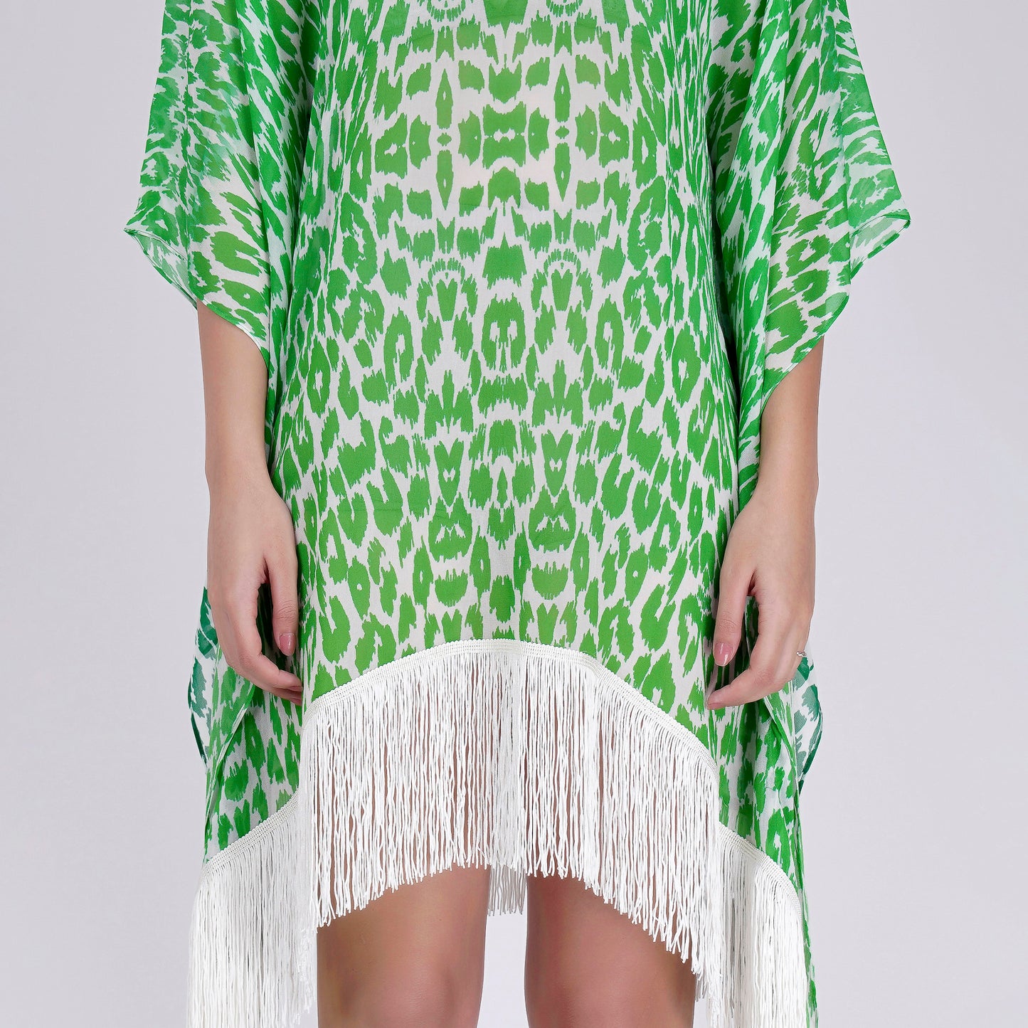 Green Embellished Animal Print Kaftan Top
