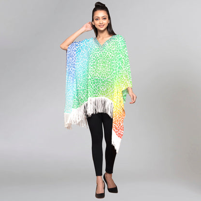 Multicoloured Embellished Animal Print Kaftan Top