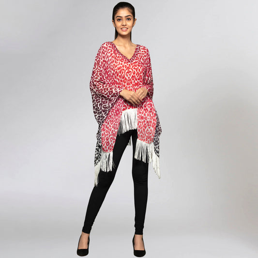 Red Embellished Animal Print Kaftan Top