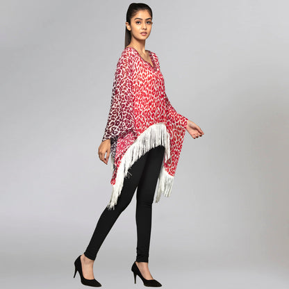 Red Embellished Animal Print Kaftan Top