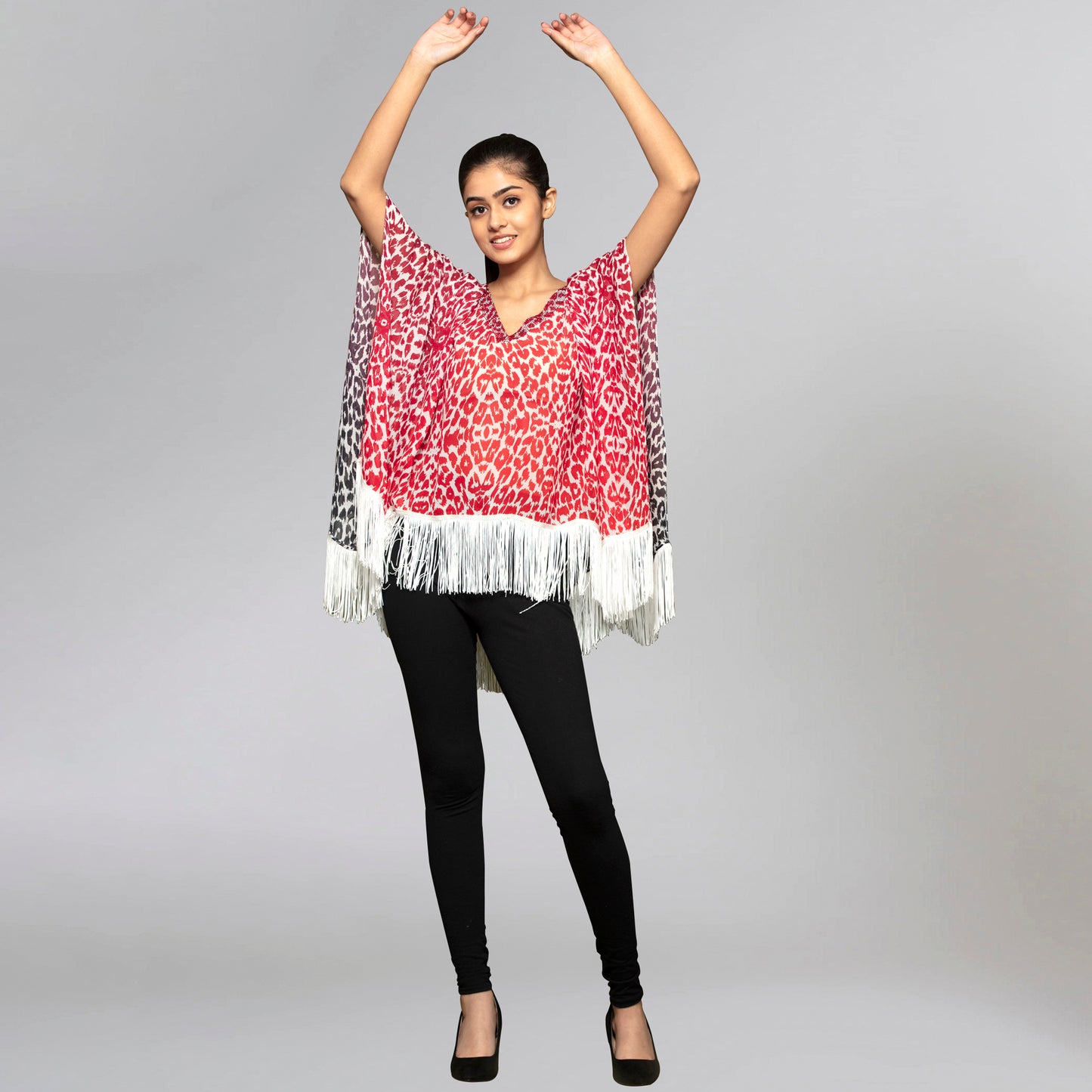 Red Embellished Animal Print Kaftan Top