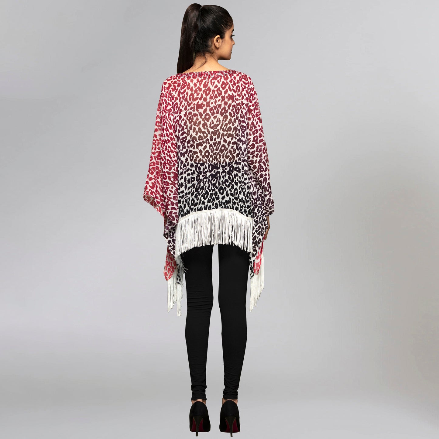 Red Embellished Animal Print Kaftan Top