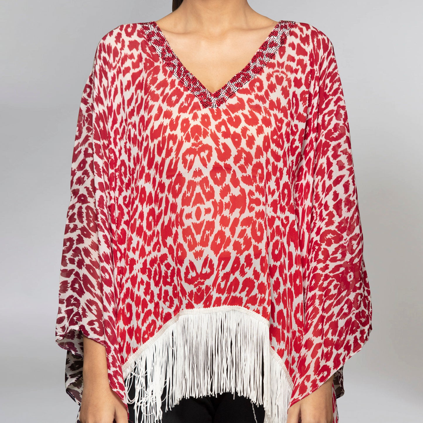 Red Embellished Animal Print Kaftan Top