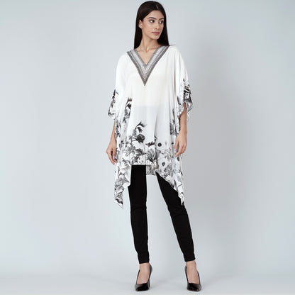 White Embellished Floral Kaftan Top