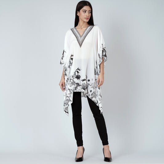 White Embellished Floral Kaftan Top