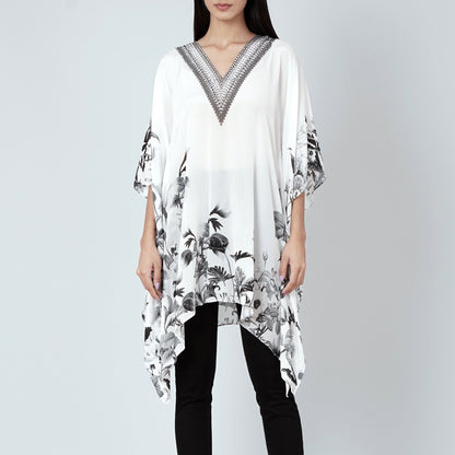 White Embellished Floral Kaftan Top
