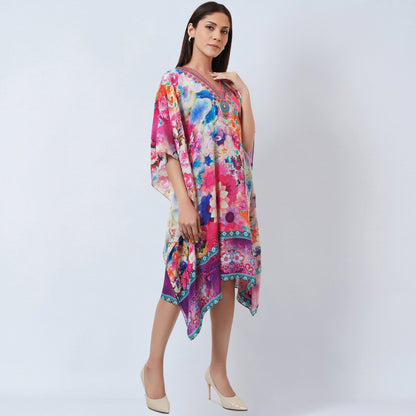 Multicoloured Botanical Print Silk Kaftan Tunic