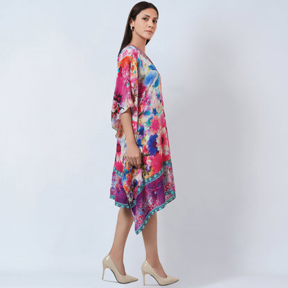 Multicoloured Botanical Print Silk Kaftan Tunic