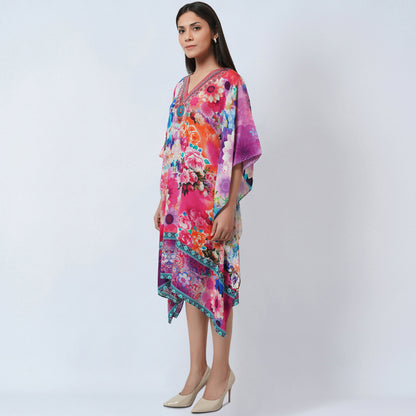 Multicoloured Botanical Print Silk Kaftan Tunic