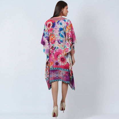 Multicoloured Botanical Print Silk Kaftan Tunic