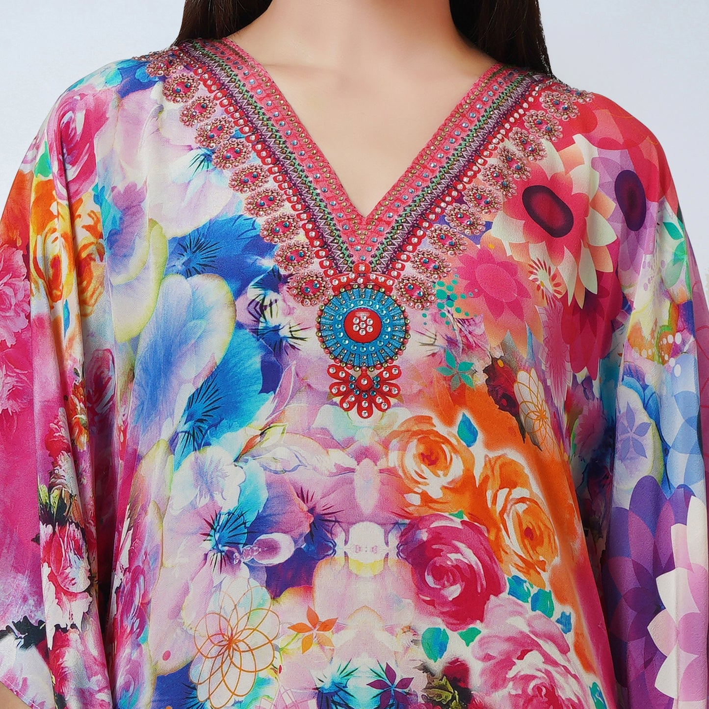Multicoloured Botanical Print Silk Kaftan Tunic