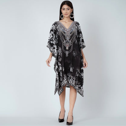 Black and White Floral Print Silk Kaftan Tunic
