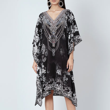 Black and White Floral Print Silk Kaftan Tunic