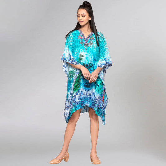 Blue and Green Tropical Print Silk Kaftan Tunic