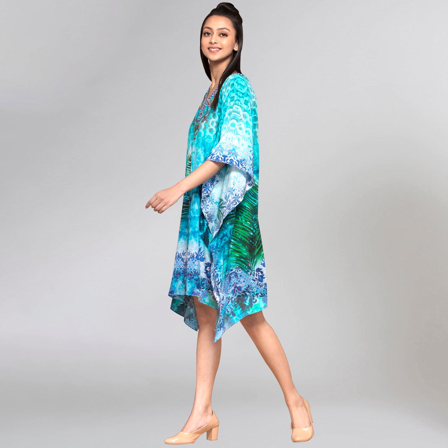 Blue and Green Tropical Print Silk Kaftan Tunic