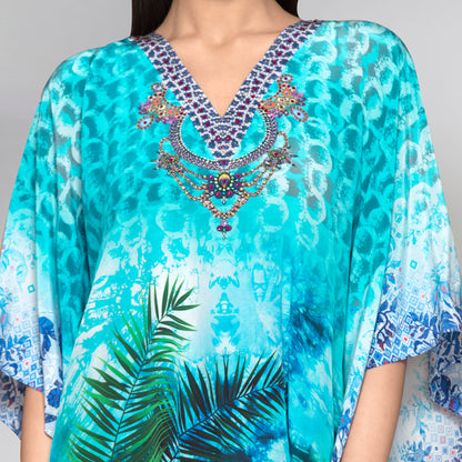 Blue and Green Tropical Print Silk Kaftan Tunic