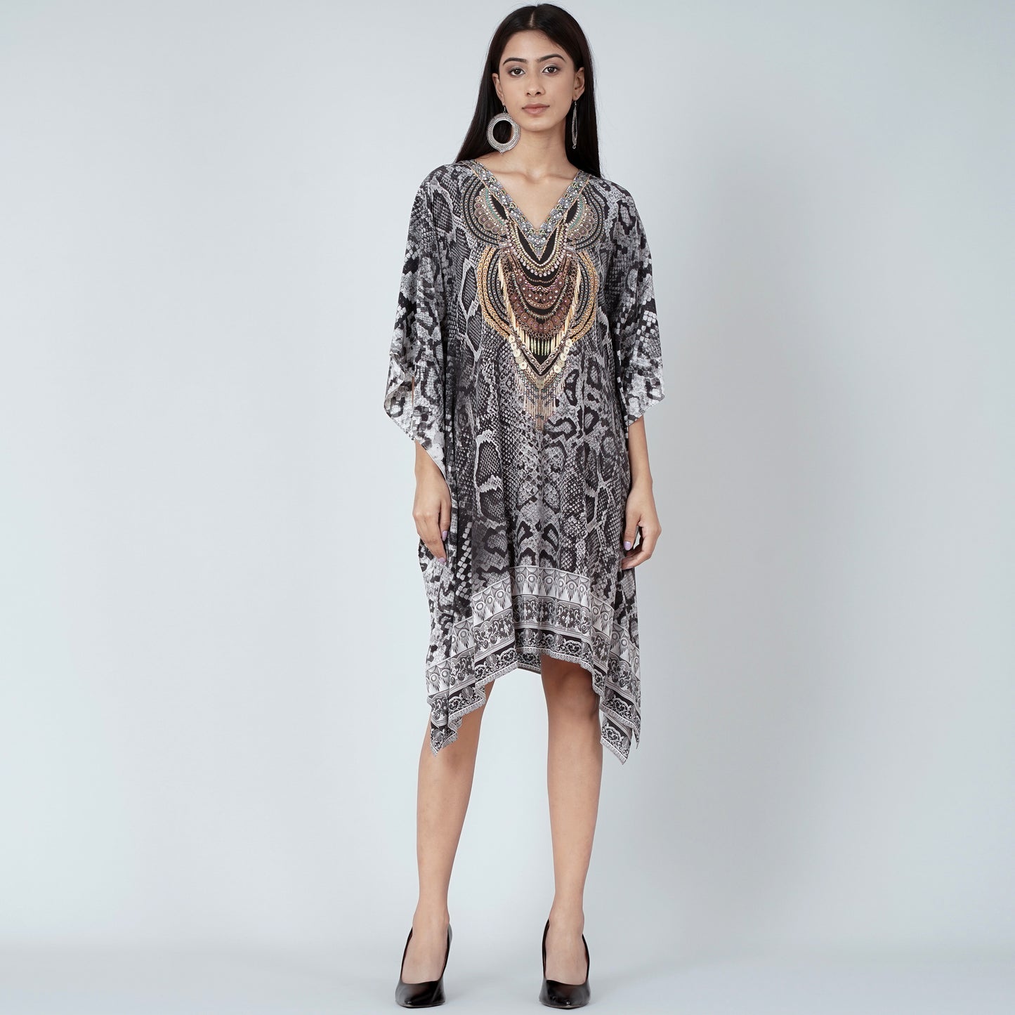 Grey and Black Python Print Silk Kaftan Tunic