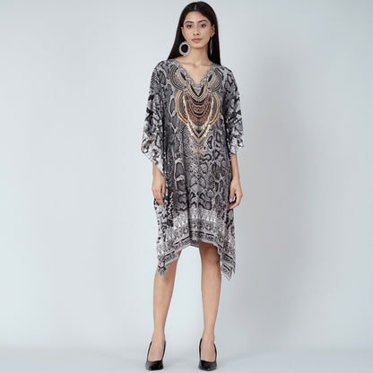 Grey and Black Python Print Silk Kaftan Tunic