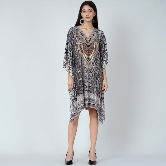 Grey and Black Python Print Silk Kaftan Tunic