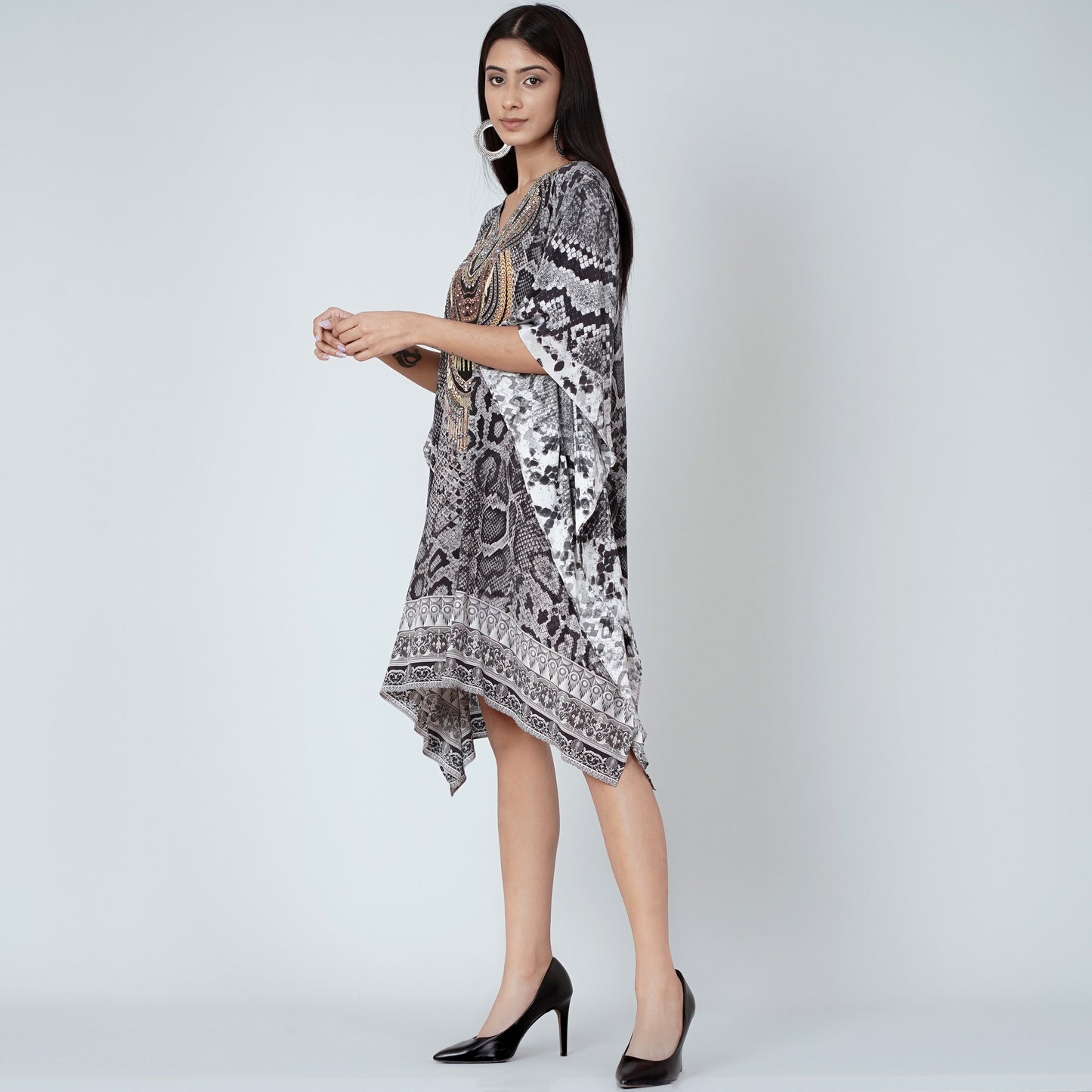 Grey and Black Python Print Silk Kaftan Tunic