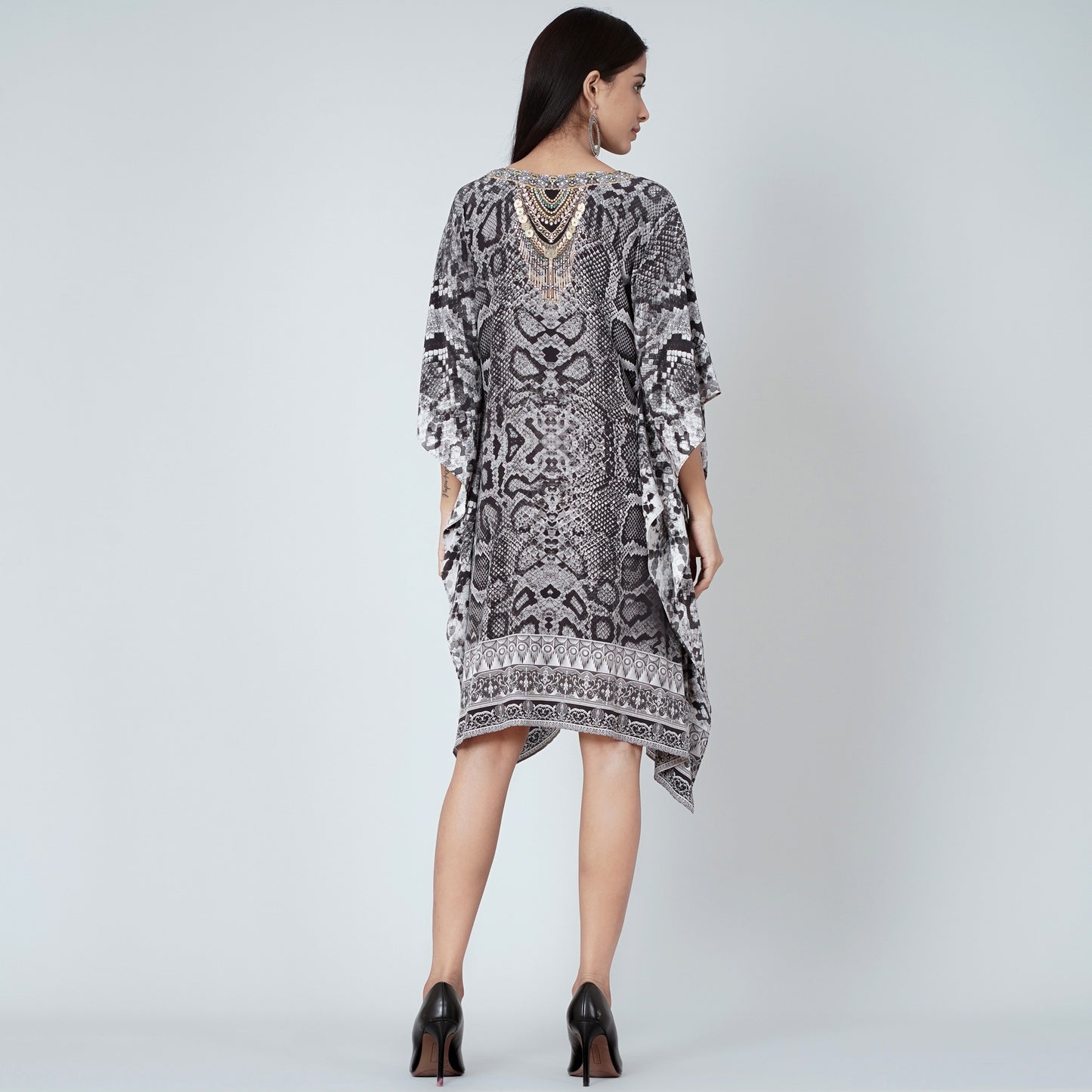 Grey and Black Python Print Silk Kaftan Tunic