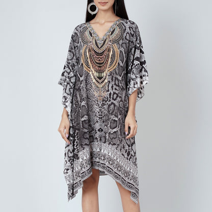 Grey and Black Python Print Silk Kaftan Tunic