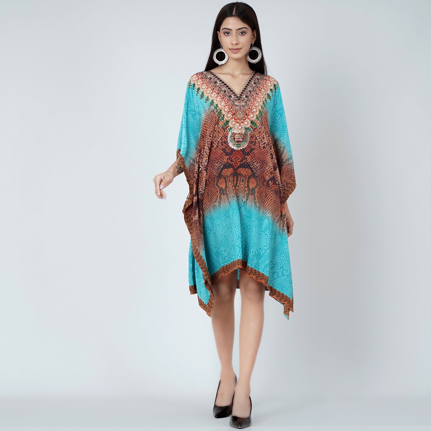 Blue and Brown Python Print Silk Kaftan Tunic