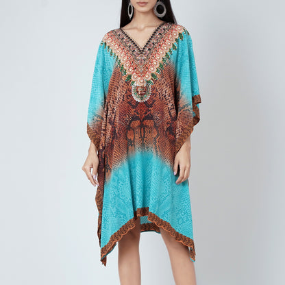 Blue and Brown Python Print Silk Kaftan Tunic