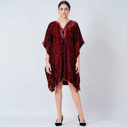 Red Hand Embroidered Animal Print Silk Velvet Kaftan Tunic