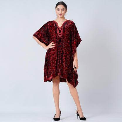 Red Hand Embroidered Animal Print Silk Velvet Kaftan Tunic