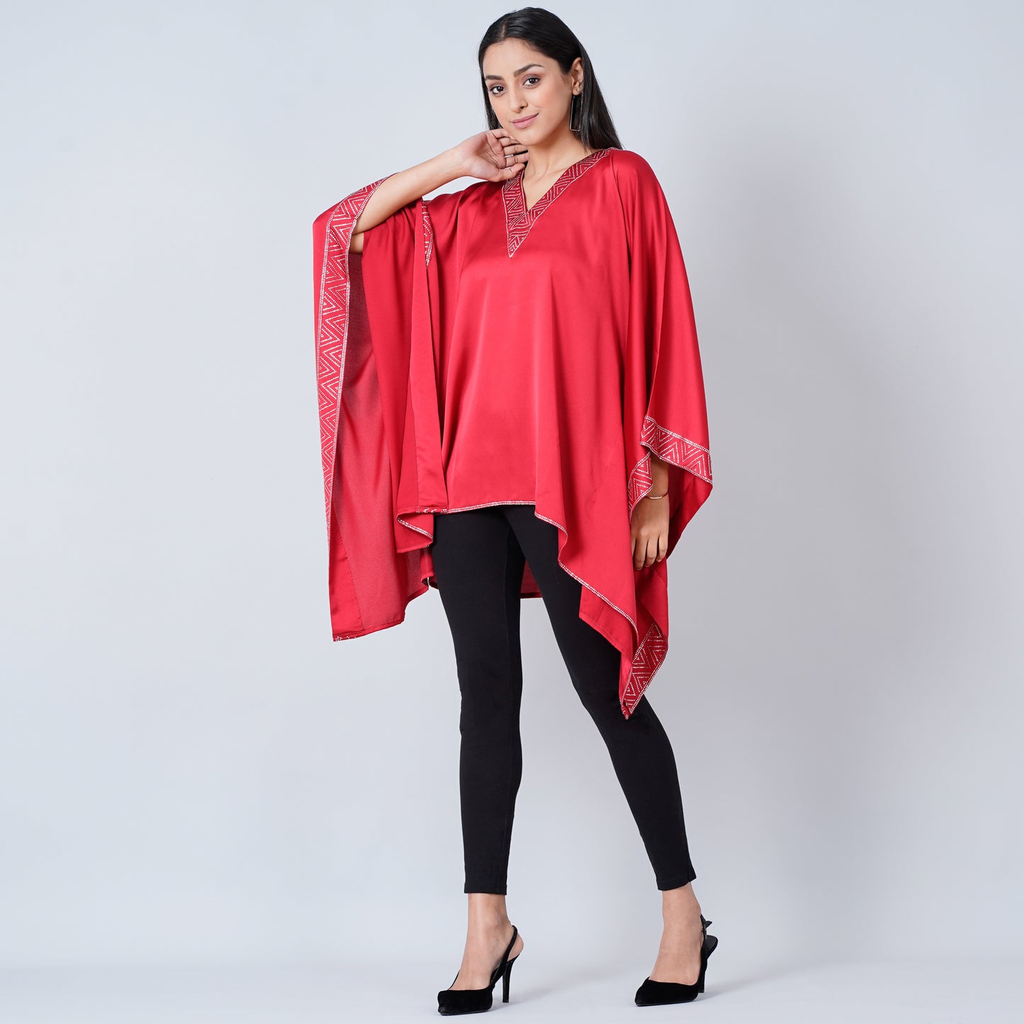 Red Embellished Kaftan Top